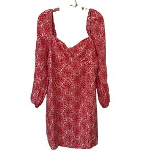 Boden Red White Damask Linen Mini Dress Square Neck Puff Sleeve US 14 Large